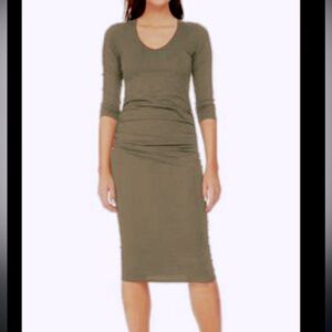 NWOT Michael Stars Ruched Midi Dress 3/4 Sleeve  in olive